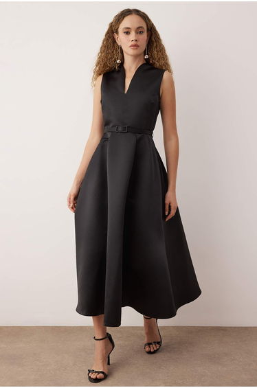 Black Belted Skirt Open from Me Woven Satin Maxi Stylish/Evening Dress