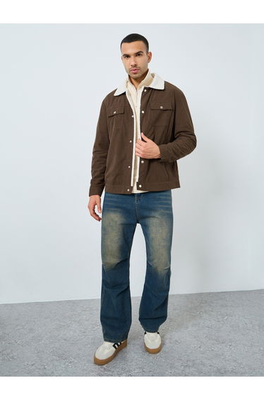 Men Oversized Corduroy Jacket with Faux Fur Lining
