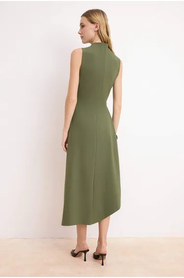 Khaki A-Line/Bell Form Asymmetrical Sleeveless Shirred Midi Paper Touch Knitted Dress