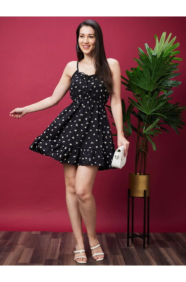 Black Floral Print Strappy Ruffled Hem Mini Dress