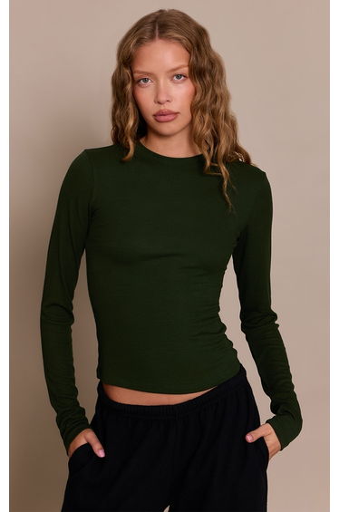 Dark Khaki Soft Rib Crew Neck Long Sleeve Top