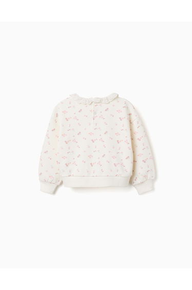 Cotton sweatshirt with floral motif and ruffled collar for girls, white