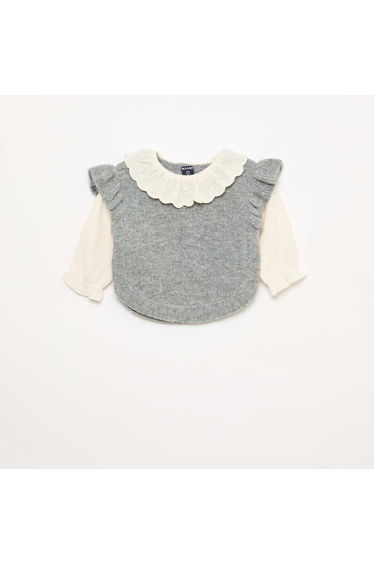 2-in-1 Sweater with Broderie Anglaise Collar GREY