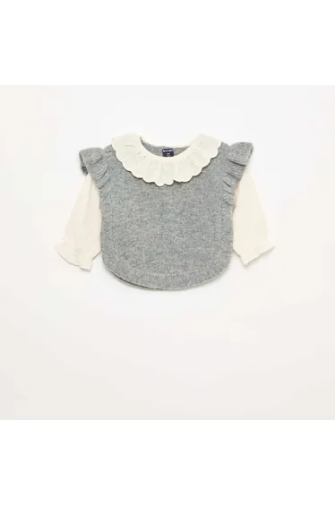 2-in-1 Sweater with Broderie Anglaise Collar GREY