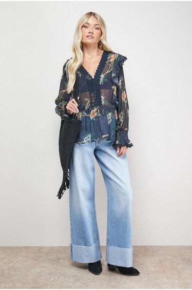 Printed Frill Detail Sheer Chiffon Blouse