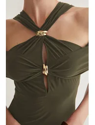 Khaki Body-fitting Accessory Detailed Knitted Long Elegant Evening Night Graduation Dress - 3