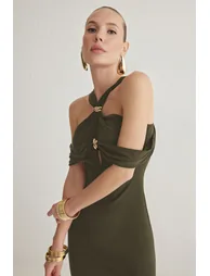 Khaki Body-fitting Accessory Detailed Knitted Long Elegant Evening Night Graduation Dress - 1