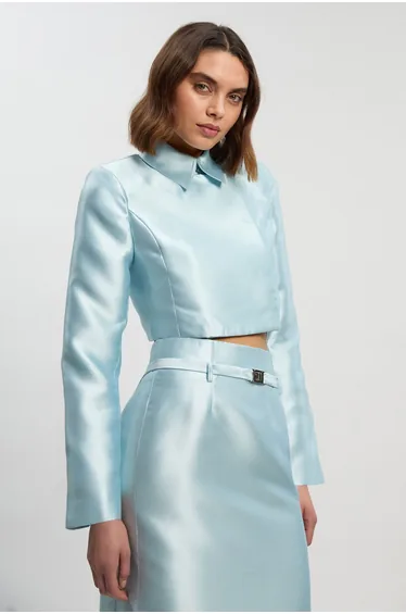 Satin Twill Cropped Wrap Tailored Jacket