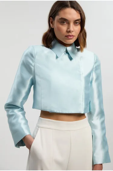 Satin Twill Cropped Wrap Tailored Jacket