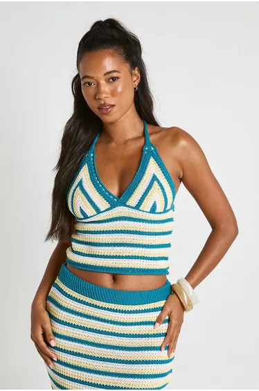 Halter Neck Stripe Crochet Top - blue