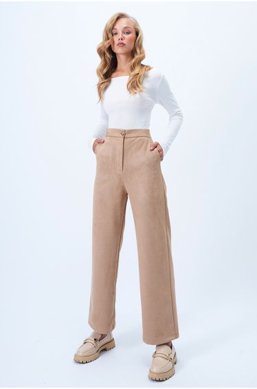 Women's Beige Double Pocket Elastic Waist Faux Suede Palazzo Pants