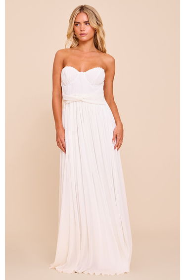 Petite Cream Plisse Scalloped Edge Maxi Dress