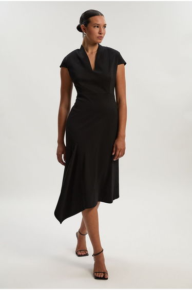 Premium Ponte V Neck Asymmetric Front Tailored Midi Dress