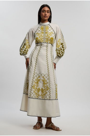 Petite Voile Embroidered Cutwork Balloon Sleeve Woven Maxi Dress