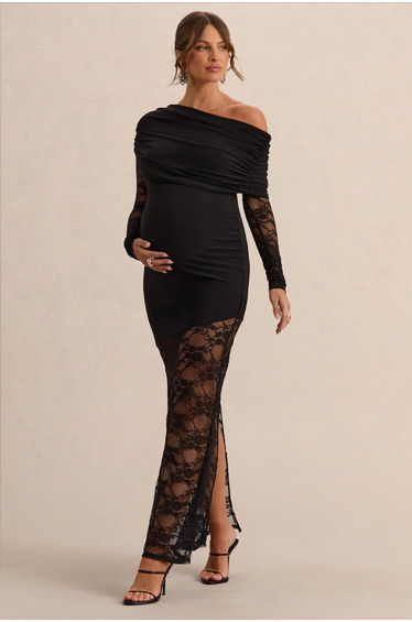Giuliana | Black Asymmetric-Neck Maternity Maxi Dress With Lace Detailing