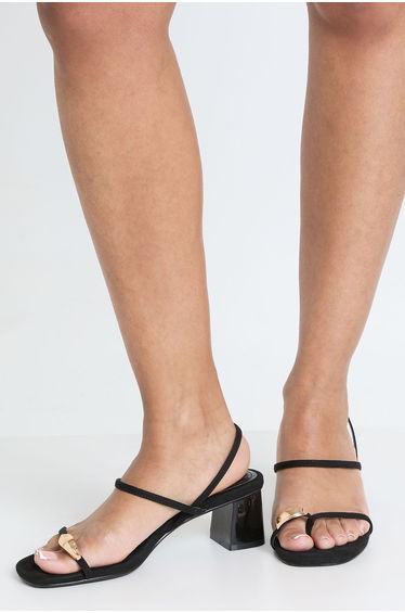 Wide Fit Faux Suede Hardware Detail Low Block Strappy Heels - black