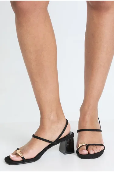 Wide Fit Faux Suede Hardware Detail Low Block Strappy Heels - black