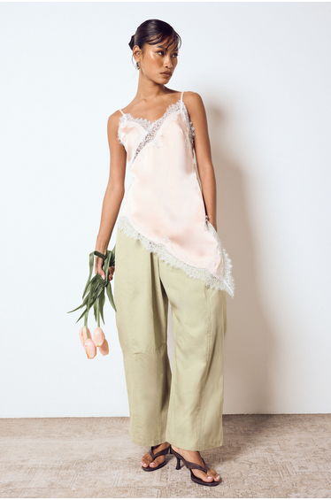 Asymmetric Hem Lace Satin Cami Top - peach