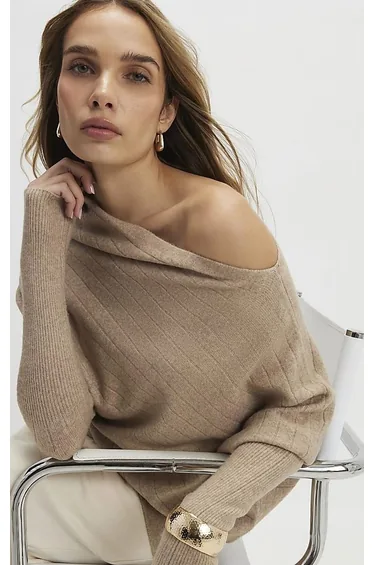 Brown Ribbed Off The Shoulder Jumper