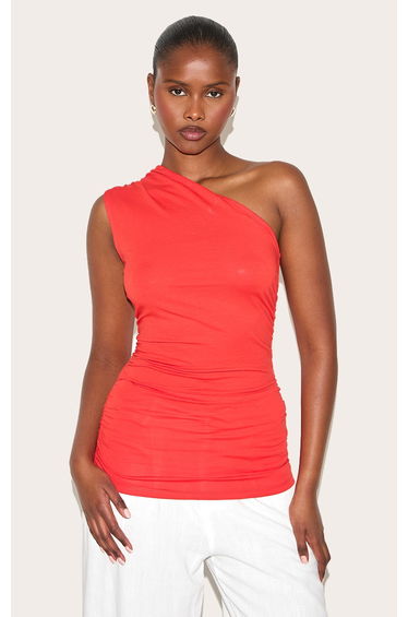 Red Asymmetric Ruched Sleeveless Long Top