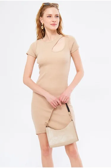 Women's Beige Collar Windowed Short Sleeve Dress