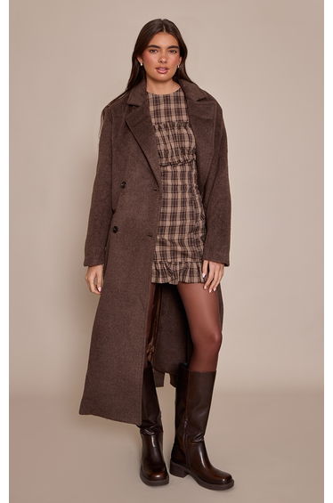 Khaki Check Ruched Bust Long Sleeve Shift Dress