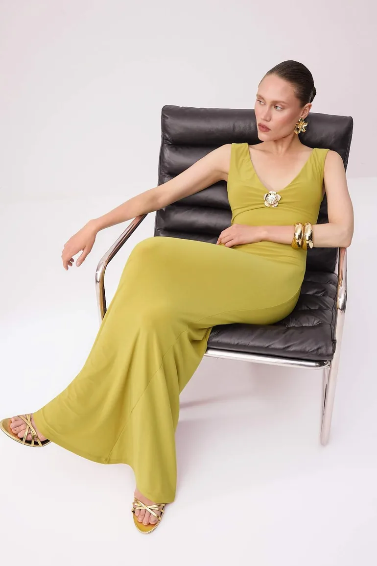 Oil Green Plain Straight Cut Accessory Detail Knitted Sandy Maxi Evening Dress & Graduation Dress - 1