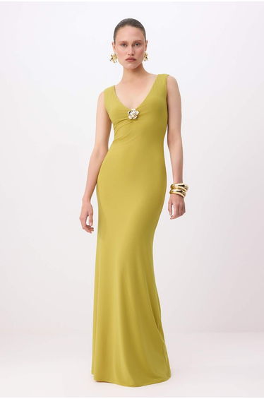 Oil Green Plain Straight Cut Accessory Detail Knitted Sandy Maxi Evening Dress & Graduation Dress