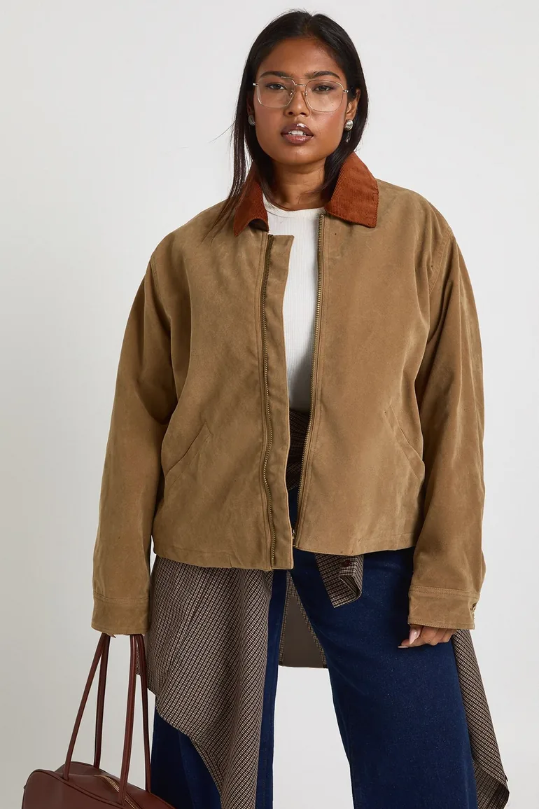 Plus Suede Collared Jacket - brown - 1