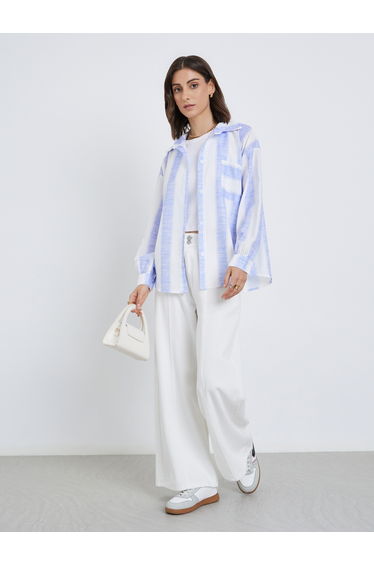 Women Striped Long Sleeve Oversized Shirt with Pocket Detail