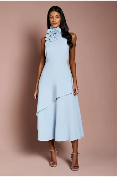 Petite High Neck Corsage Detail Midi Dress