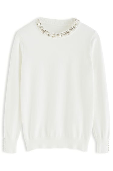 Pearl Trimmed Soft Knit Top in White