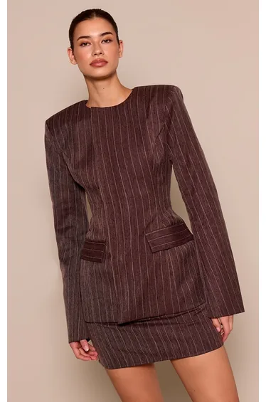 Brown Pinstripe Woven Structured Blazer