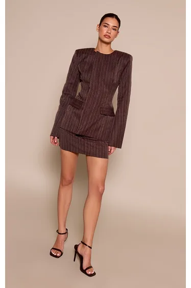 Brown Pinstripe Woven Structured Blazer