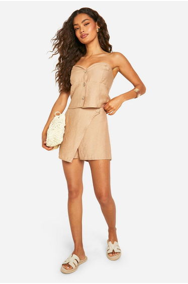 Linen Look Button Front Bandeau - mocha