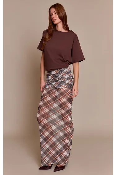 Brown Check Print Mesh Overlay Maxi Skirt