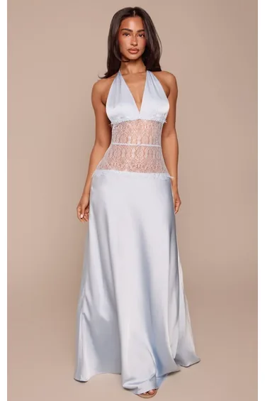 Petite Baby Blue Lace Cut Out Waist Satin Tie Maxi Dress