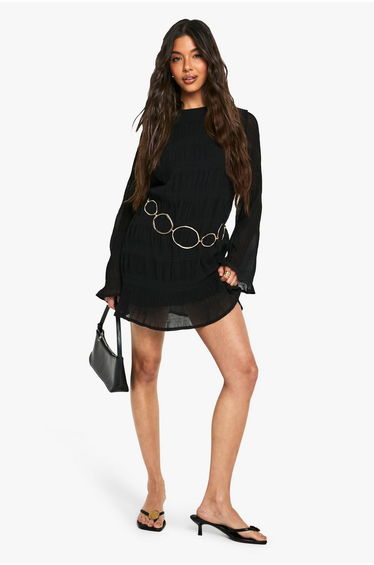 Textured Long Flare Sleeve Mini Dress - black
