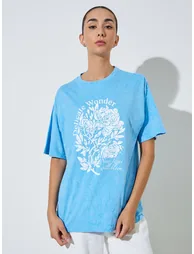 Blue Acid Wash Oversized Graphic Cotton T-Shirt
