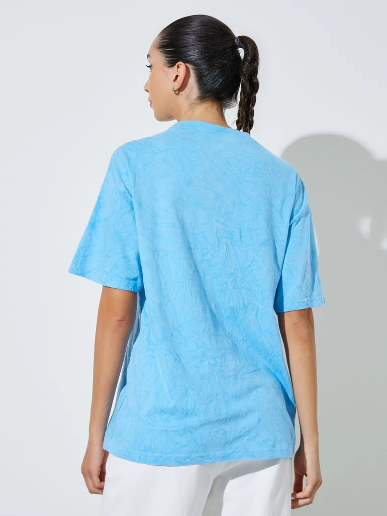 Blue Acid Wash Oversized Graphic Cotton T-Shirt - 4