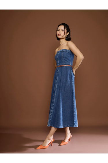 Blue Washed Denim Midi Dress