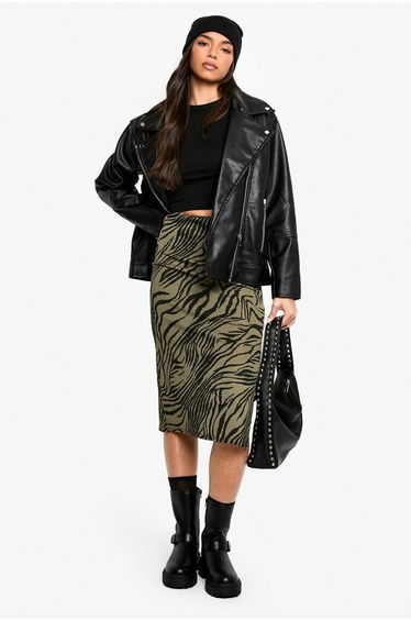 Zebra Print Rib Side Split Midi Skirt