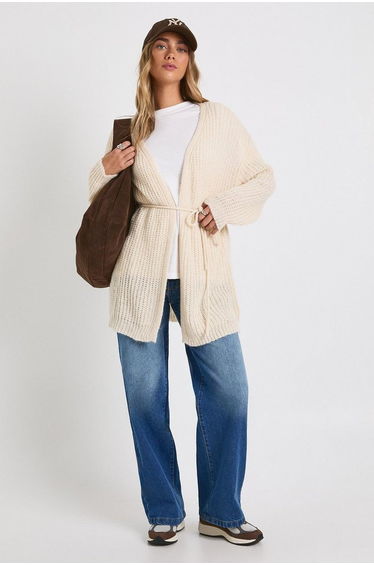 Soft Knit Tie Waist Oversized Boyfriend Cardigan - cream