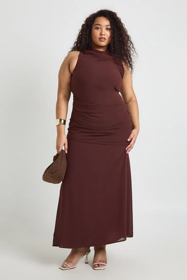 chocolate brown dress plus size PrettyLittleThing Women's Plus Satin Ruched Detail Off Shoulder Maxi Dress in Chocolate