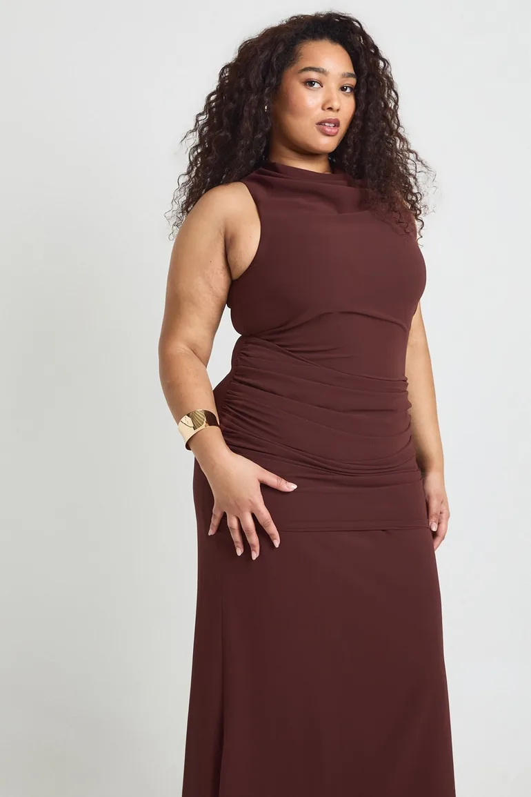 chocolate brown plus size formal dresses Women's Slinky Plunge Midaxi Dress paired with refined half sleeves for modest sophistication Alllist Chiffon Dresses for Women