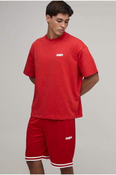 Man Star Applique Oversized T-Shirt & Basketball Short Set - red