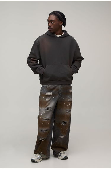 Super Baggy Paint Splatter Distressed Ripped Jeans - washed charcoal