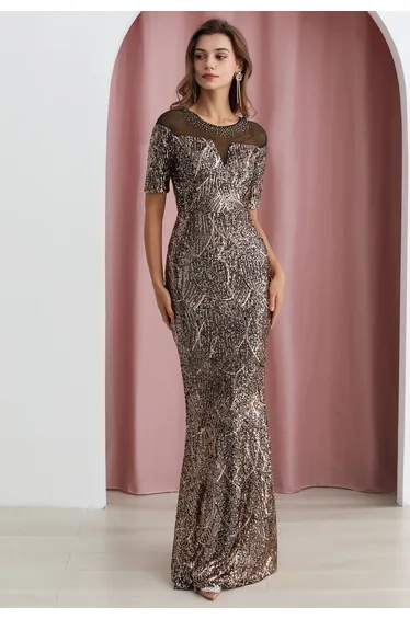 Mesh Panelled Shoulder Sequin Mermaid Gown in Black