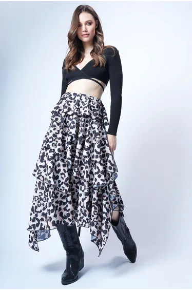 Women's Leopard Layered Flared Maxi Length Woven Skirt