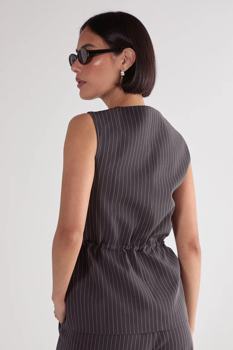 Pinstripe Ruched Tie Front Waistcoat - 3